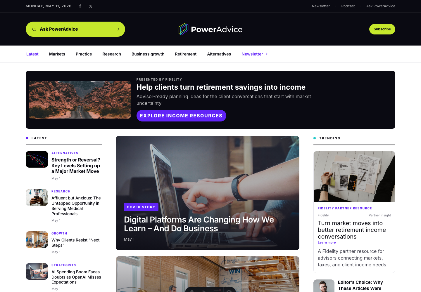 PowerAdvice homepage with live article rails