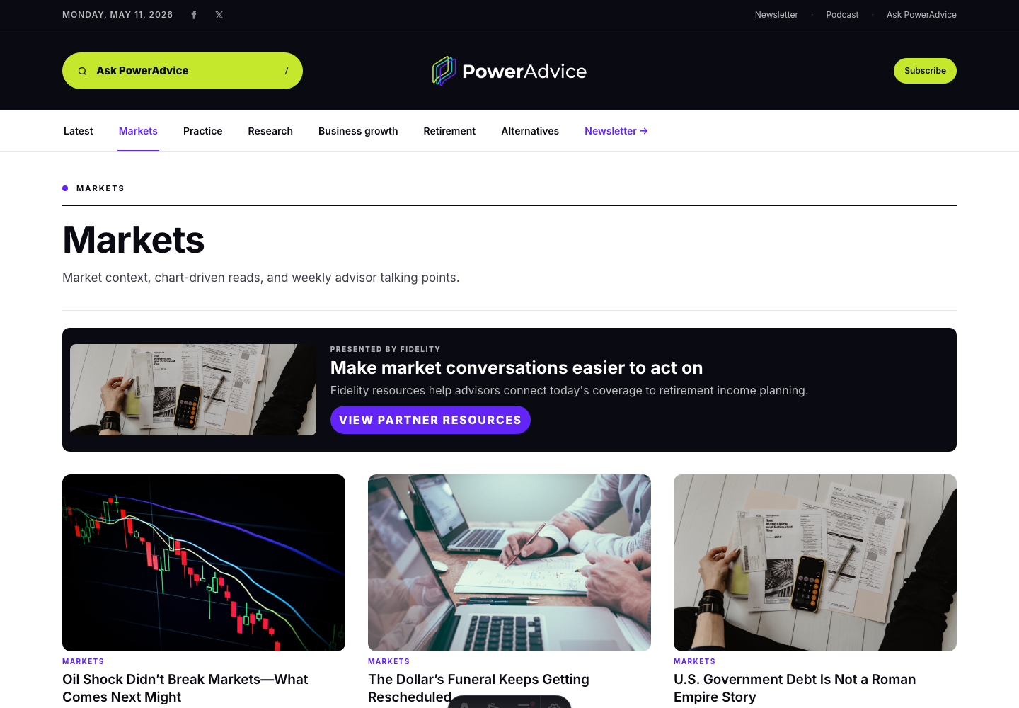 Markets channel page with article grid